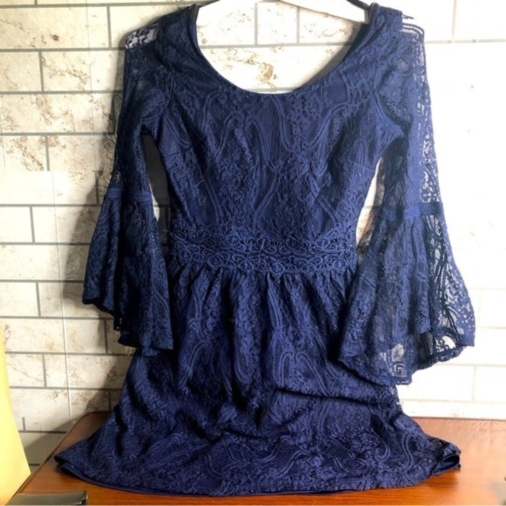 BCX Navy lace overlay lined bell sleeve Dress 3